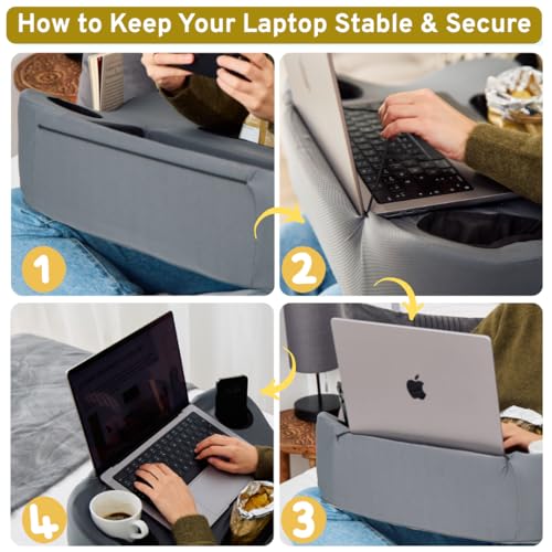 Image of Oversized Lap Desk Pillow - 27in Foam Couch Desk with Cup Holder & Storage | Fits laptops up to 14in | Cup holder, phone slot & storage pockets | Non-slip vented base | Work, game & read from couch