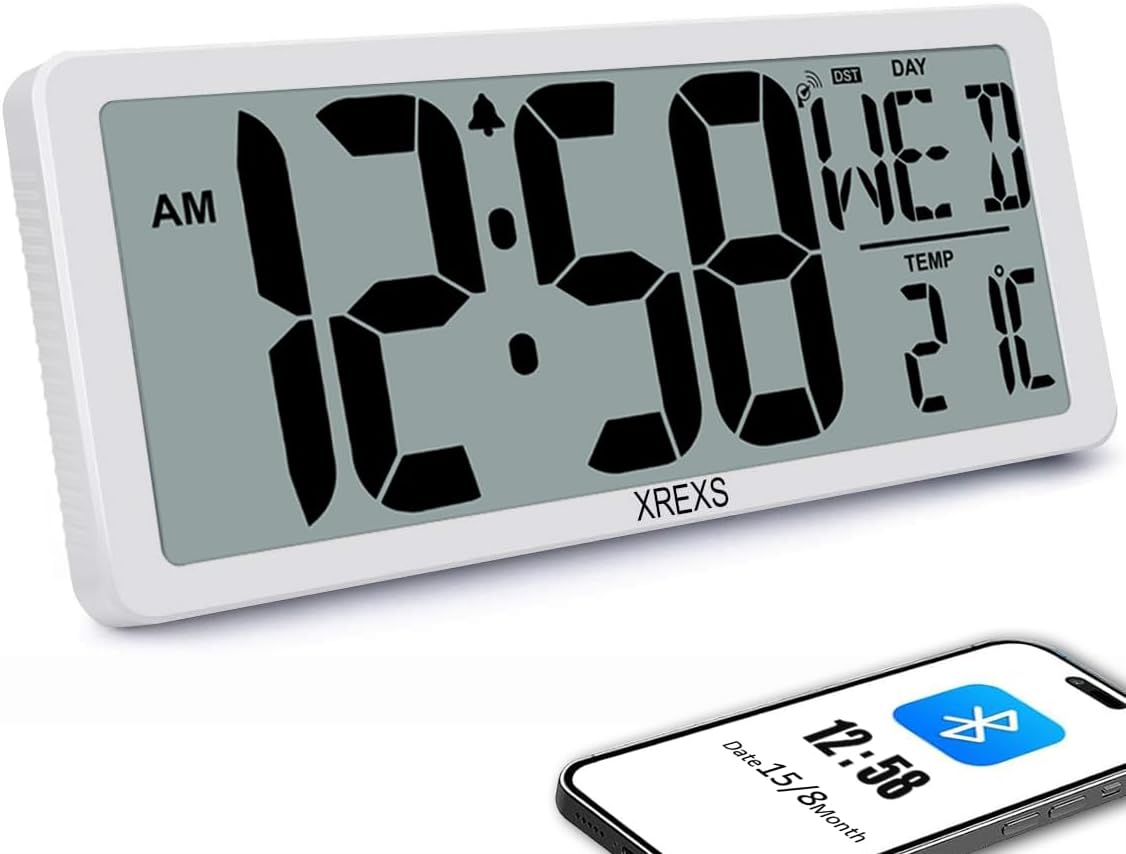 Reloj digital de 13,4″ con sincronización Bluetooth, calendario, temperatura, despertador y temporizador por 21,99€ marcando aplicar cupón usando el #código: B0G41D32YP