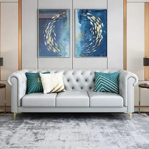 Image of Modern Classic 4 Seater Velvet Button Tufted 3+1+1Footrest Chesterfield Sofa for Living Room and Office (Pillows Not Included) (Light Grey)
