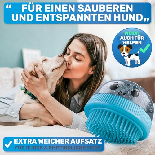 BluePet Befüllbare Badebürste für Hundeshampoo I Einmassieren von Shampoo & anregende Massage I Entferne Schmutz & loses Fell I Inkl. 2x Aufsätze (Weich + Fest) für alle Rassen & Fellarten