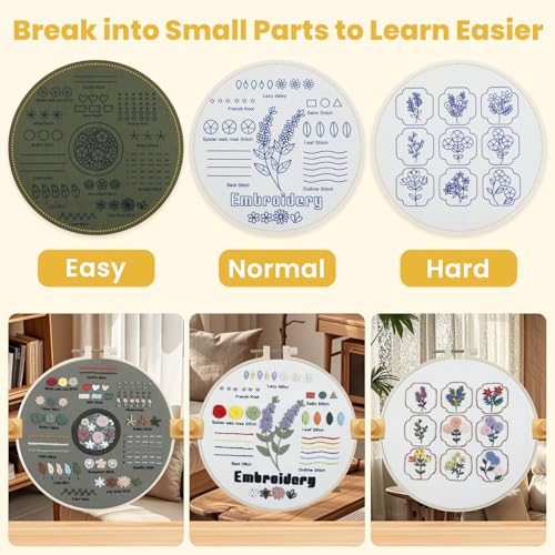 Image of HTVRONT Embroidery Kit for Beginners, 3 Pack to Learn 14 Stitches and 9 Flower Practice Samplers with Step-by-Step Video Tutorials, Beginner Embroidery Kit for Adult, Gift for Craft Lovers
