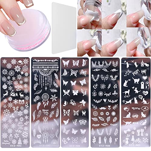 5 Pcs Nail Stamp Template Kit with 1 Stamper 1 Clear Jelly Silicone Nail Stamper for DIY Nail Decor Easy French Style Nail Art Designs, Nail Stamper Stencil Plates Set Manicure Nail Supplies
