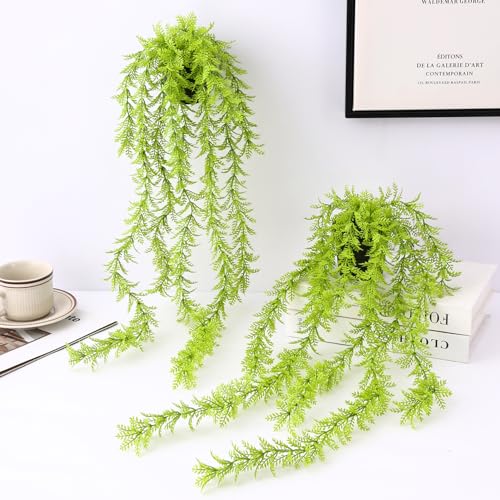Image of TIED RIBBONS Set of 2 Artificial Hanging Ferns Plants with Pot Potted Greenery for Wall Home Decor Wall Pot Indoor Outdoor Office Garden Balcony Decoration Items (70 Cm, Long)
