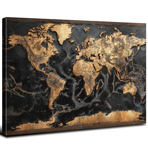 Large Canvas Wall Art Modern Office Wall Decor Black and Gold map of The World Paintings Prints Abstract Golden Luxury World Maps Aesthetic Posters Artwork Boys Men Bedroom Room Decorations 32x48'
