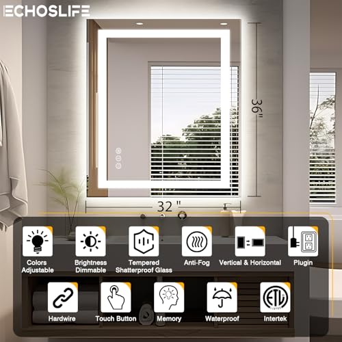 32"x36" LED Bathroom Mirror, Front and Backlit Mirror, Anti-Fog Vanity Mirror with Lights, Stepless Dimmable Illuminated, 3 Colors Smart Mirror (Horizontal/Vertical)