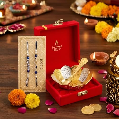 Image of Rakhi for Brother, Gift Set German Silver Gold Bowl and Spoon with Designer Rakhi, Premium Raksha Bandhan Gift Box, Combo Guft Festive Return Gift | Velvet Box