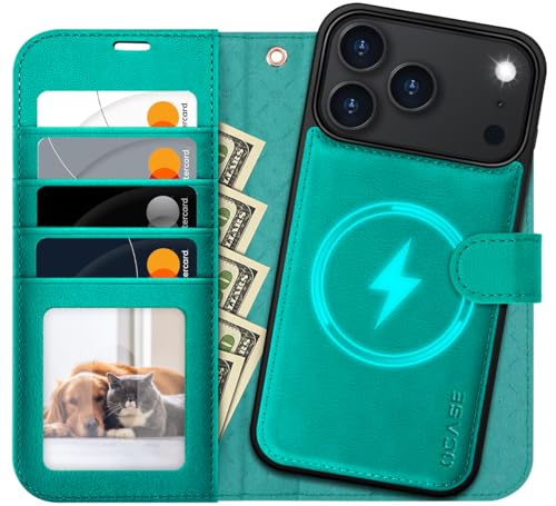 Coque iPhone 17 Pro Max magnétique et détachable en cuir PU bleu vert