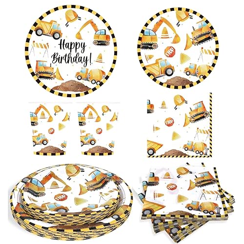 Construction Birthday Party Supplies Tableware, Construction Party Decorations Set Include Plates, Napkins, Cups, Construction Theme Party Decorations for Kids (Serves 16)