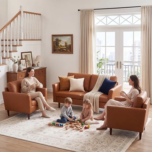 Image of Kingfun 3 Piece Living Room Furniture Sets, Loveseat and 2 Armchair, Faux Leather Couch Set, Mid Century Modern Sofa Set with Solid Wood Frame for Living Room, Office, Dark Brown