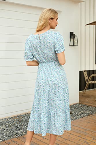 Image of GRECERELLE Women's Spring Summer Casual Loose Round Neck Boho Dress Ruffle Puff Sleeve High Waist Midi Dress