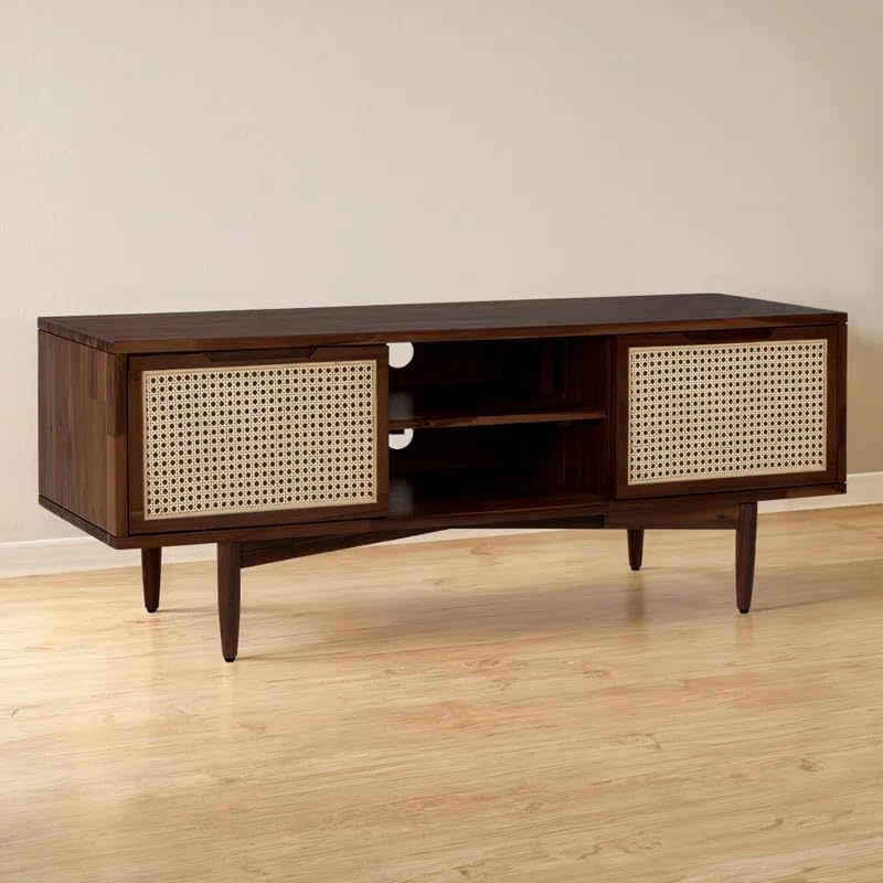 Image of MISAN Modern TV Table | Solid Sheesham Wood Sideboard TV Unit for Living Room, Bedroom, Office Furniture Stand | Wooden Free Standing Entertainment Unit Side Board Table with Storage (D-Walnut)