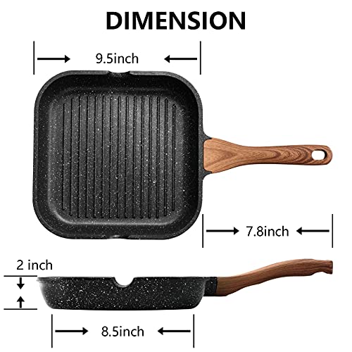 Eslite Life Nonstick Grill Pan With Lid For Stove Tops, 9.5 Inch Granite Coating Square Grill Skillet With Pour Spouts, Compatible With All Stovetops (Gas, Electric & Induction), Pfoa Free #TOP1