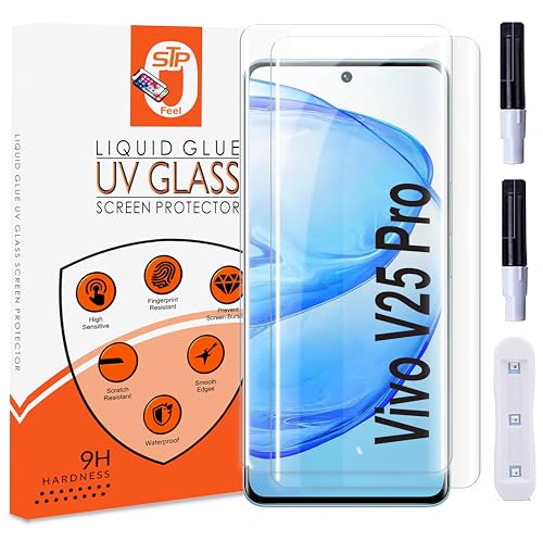 Image of STP FEEL (2 Pack UV Tempered Glass Screen Protector For Vivo V25 Pro (6.55 Inch) Full Adhesive UV Glue Curved Edge to Edge Case Friendly HD Clarity with easy installation kit