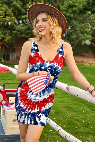Image of For G and PL Women 4th of July American Flag Tank Dress Deep V Neck Stars Stripe Mini Patriotic Sleeveless Sundress
