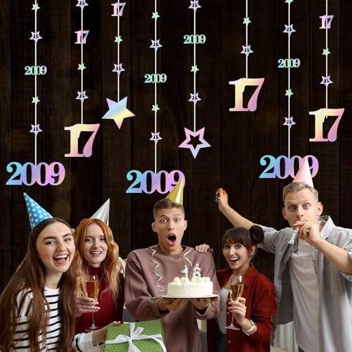 Image of Eucutur Iridescent 17th Birthday Decorations for Girls Boys, Pre-Strung Glitter Twinkle Number Vintage 2009 17 Years Old Hanging Streamer Banner Party Supplies, Seventeen Bhday Decor