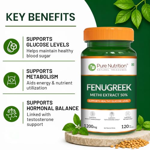 Image of Pure Nutrition Fenugreek 1200mg, Methi Extract 50% Saponins, 120 Veg Capsules, Herbal Supplement for Men and Women, Supports Metabolism and Weight Management