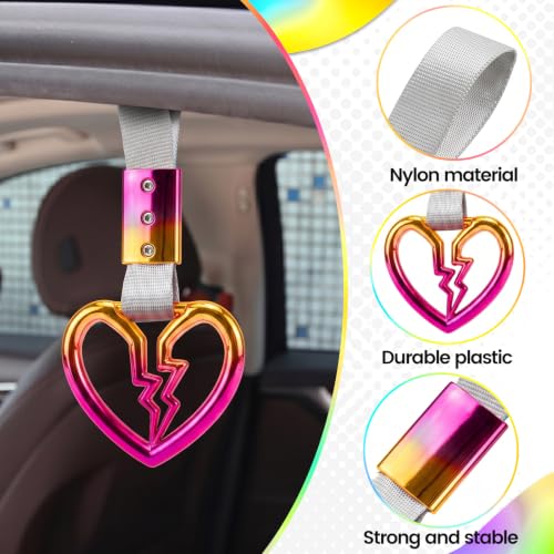 Image of 2PCS Heart Shaped Car Handle Straps, Rear Bumper Warning Keychain Ring for Car Exterior Accessories (Chrome Rainbow Broken Heart - White)