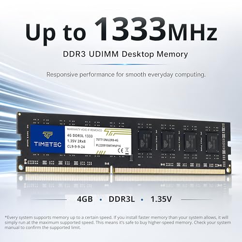 Image of Timetec 4GB DDR3 / DDR3L 1333MHz PC3-10600 Non-ECC Unbuffered 1.5V / 1.35V CL9 2Rx8 Low Density Dual Rank 240 Pin UDIMM Desktop PC Computer Memory RAM Module Upgrade (4GB)