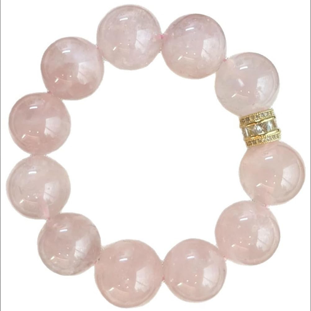 Bracciale in Cristallo di Quarzo Rosa da 14 mm con Gioielli in Pietra Rosa Naturale in Lega con Perline per Amor Proprio ed energia positiva, Accessorio Moda Elastico Elasticizzato