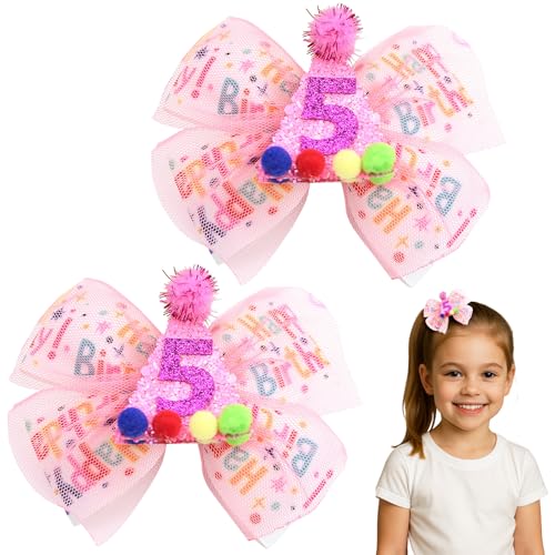 Winmany 2-Pack Birthday Hair Bows for Baby Girls, Strawberry Pink & Blue Headbands and Hair Clips with Sparkly Numbers for Ages 1-6, Cake Smash Photo Props & Party Accessories (Pink 5, 5 Years)