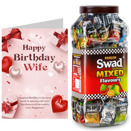 Image of Swad Happy Birthday Wife Gift with Card (Swad Mixed Flavours Candy 200 Jar & 1 Greeting card) 2 units