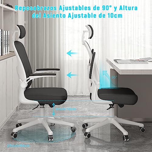 Miniatura 8 de Rattantree Silla De Escritorio Ergonómica Con Reposacabezas Ajustable Y Soporte Lumbar, Respaldo De Malla Transpirable, Reposabrazos Abatibles De 90 , Silla Giratoria De 360 Para Oficina, Blanco