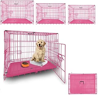 Double Doors Dog Puppy Cage Pet Crates Kennels 30 Inches Dog Room Folding Metal Pet Puppy Cage with Removable Tray Traveling Crate Animal Transport Carrier for Indoor Outdoor Use, Pink