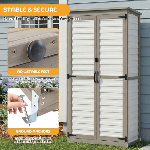 Image of Outdoor Storage Cabinet, Wood & Plastic Garden Shed with Adjustable Shelves