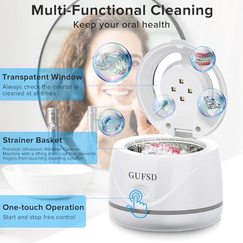Image of Ultrasonic Retainer Cleaner, 180ML /45kHz Portable Ultrasonic Jewelry Cleaner, Quiet Operation Ultrasonic Cleaner Machine for Dentures,Aligners,Mouth Guards,Night Guards (White)