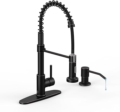 Juego de grifos de cocina de un solo mango de bronce aceitado con rociador desplegable y dispensador de jabón, 17 pulgadas de alto