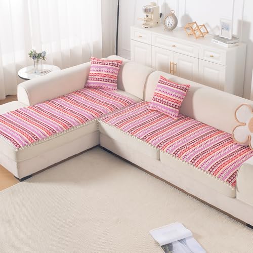Image of HOKIPO L Shape (2+2 Seater) Sofa Cover Seat Mat | 300 GSM Cotton Acrylic Jacquard Fabric with Tassel, 'Trivana Series' Hot Pink (IN-934+935-J3)