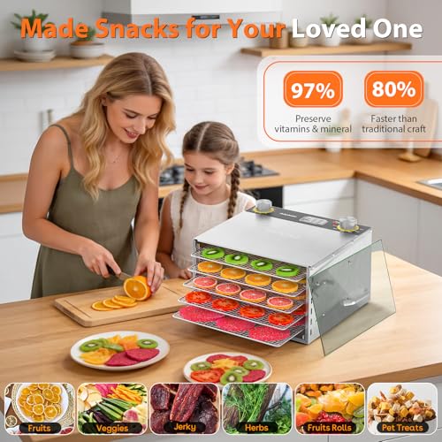 Image of Food Dehydrator - 5 Stainless Steel Trays Dryer Machine with 194℉ Temperature Control & Adjustable Timer, 400W Meat Dehydrator for Jerky, Fruit, Veggies, Dog Treats, 50 Recipes Book Included