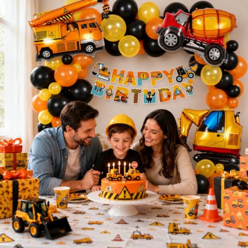 Image of Construction Theme Birthday Decoration Kit for Boys - 35 Pcs Happy Birthday Banner with Excavator, Crane, Forklift & Truck Foil Balloons Decoration Set for Kids Birthday Party