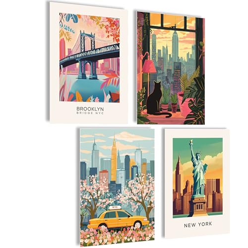 Mojoliving Tableau d'images Noir et blanc, tableau mural New York, taxi de New York, images de l'horizon de New York, lot de 4 posters A4 (21 x 30 cm)