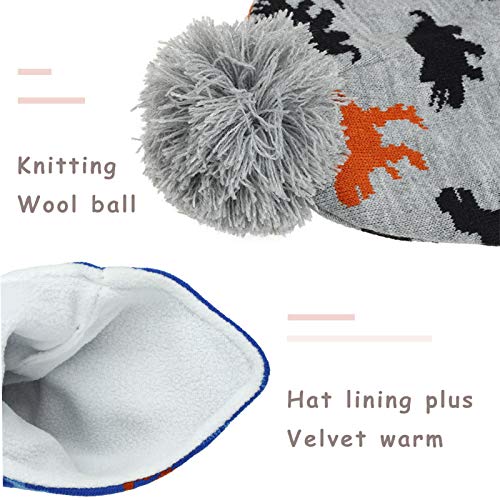 Image of ACTLATI Winter Dinosaur Boy Winter Hat Scarf Mittens Set Warm Beanies Earflap Fleece Pompom Lining Cap for Toddler Kids