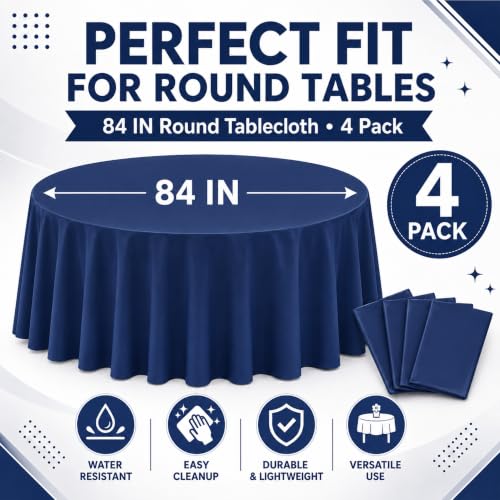 Image of WNINK 4 Pack Navy Blue Round Tablecloth, 84 Inch Disposable Plastic Table Covers, Navy Blue Round Table Cover for Birthday Parties, Holiday, Picnic, BBQ, Family Gathering Party Supplies