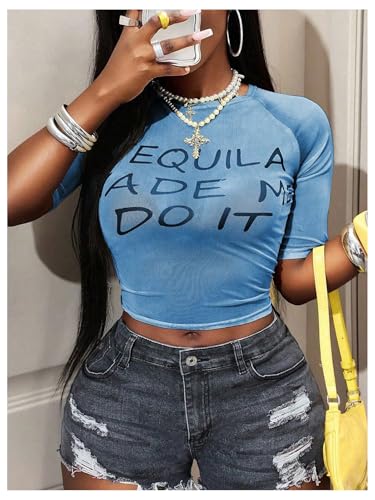 Image of RoseSeek Women's Sheer Mesh Letter Graphic Tees Short Sleeve Crew Neck Y2K Vintage Summer Going Out Crop Tops