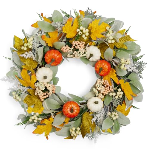 Fall Wreaths for Front Door, 22-24” Seasonal Wreath Decorations with Pumpkins/Berries...