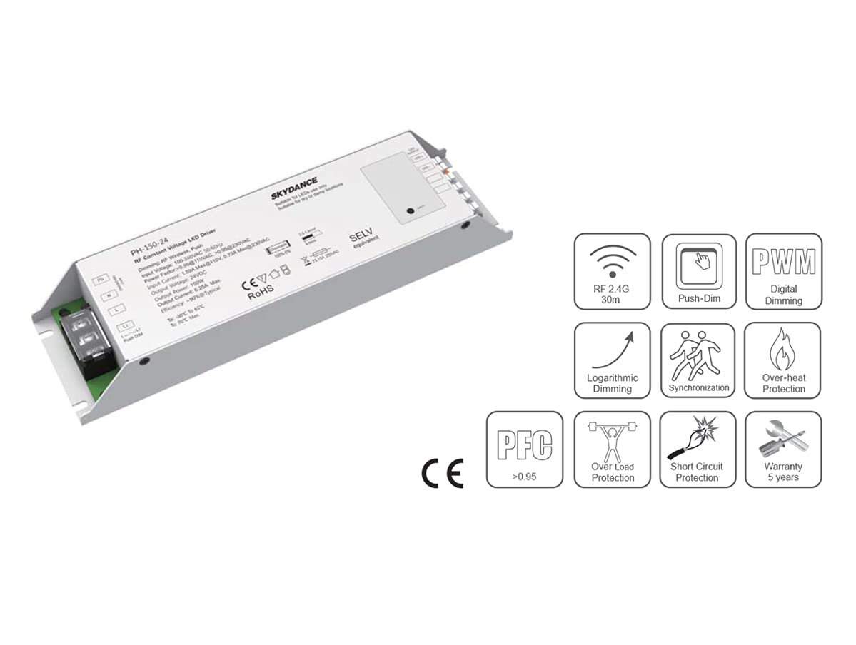 Trasformatore Alimentatore Dimmerabile 12V 150W con Pulsante N.O. Push Dimmer – Compatibile con Telecomando RF 2.4G (non incluso), Per Striscia LED 150V, Skydance PB-150-12