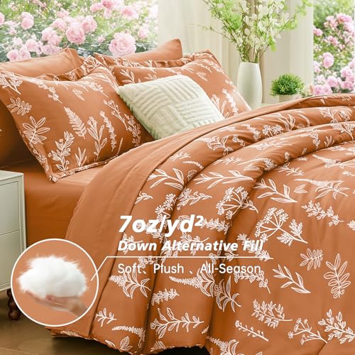 Image of MUXHOMO California King Comforter Set, Burnt Orange Elegant Floral Print Bed in a Bag 7 Pieces, Soft & Breathable Reversible Botanical Pattern Bedding Set with Comforter, Sheets, Pillowcases & Shams