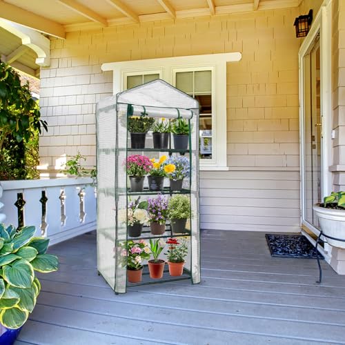 Image of EAGLE PEAK 4-Tier Mini Greenhouse Portable Green House with Shelves & Weather-Resistant PE Cover, Small Greenhouse for Seedlings & Gardening Gifts, 27x19x64 in, Clear /White