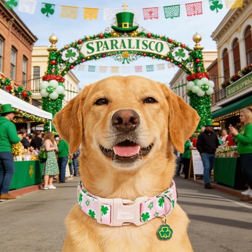 Image of St Patrick's Pink Four-Leaf Clover Dog Collar for Large Dogs | Daily Walks,Irish Parade,Spring Picnic Hiking,Adjustable,Soft Cotton Fabric,Quick Release Plastic Buckle,Pendant,Female Dog