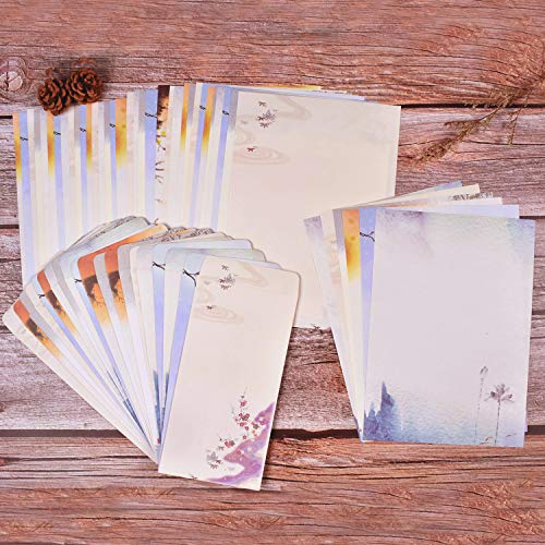 NUIBY 64 Pcs Letter Writing Stationery Paper Letter Set (32 stationery Paper + 32 Envelopes) Ink Painting Classic Vintage Antique Design - Thumbnail 2