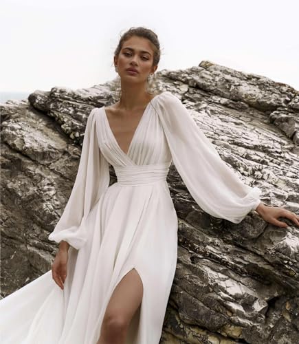 Beach Long Sleeve Wedding Dresses for Bride Long Boho Bridal Gown with Slit V Neck A Line Bridesmaid Dresses3