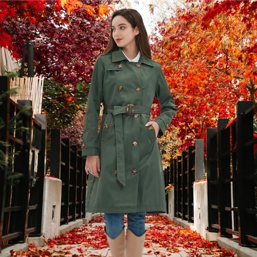 Image of Womens Trench Coat Double-Breasted Long windbreak Belted Slim Outerwear Coat with Detachable Hood S-2XL