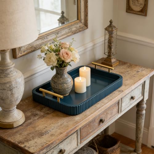 Rectangle Modern Wood Serving Tray with Metal Handles, High Gloss Teal Finish, 16x12 Inch Coffee Table Ottoman Tray for Storage and Display (Teal) by Carah & Cossh - Used condition - Image 2