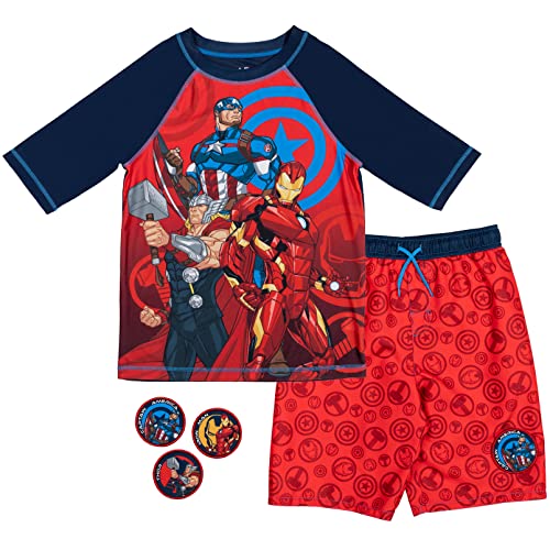 Marvel Avengers Captain America Iron Man Thor Little Boys Swim Rash Guard Swim Trunks Red/Navy 7