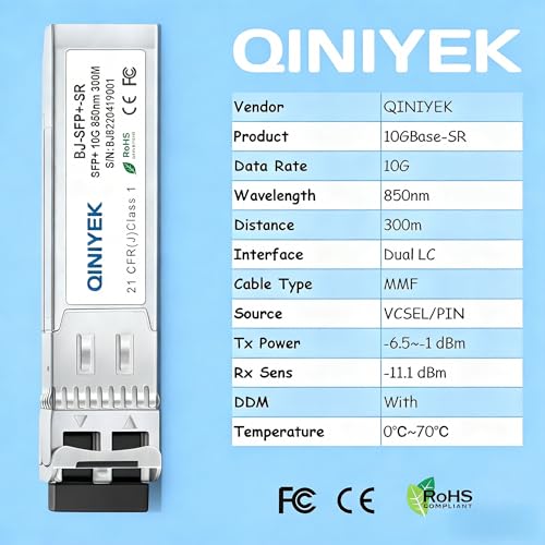 Image of 4Pack 10Gbase-SR SFP+ LC Transceiver, 10G Multimode SFP Module 850nm, up to 300 Meters, for Cisco SFP-10G-SR, Ubiquiti UniFi UF-MM-10G, Meraki MA-SFP-10GB-SR, Mikrotik, TP-Link and More