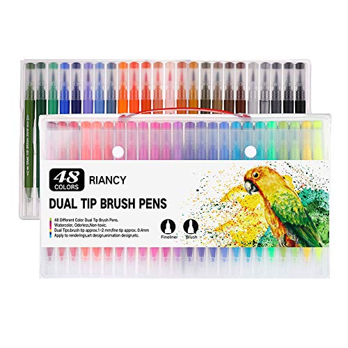 Marqueurs à eau double pointe 0,5 mm et pointe pinceau surligneur (1 mm-3 mm) pour marqueurs artistiques 48 couleurs à base d'eau et non toxiques Cover
