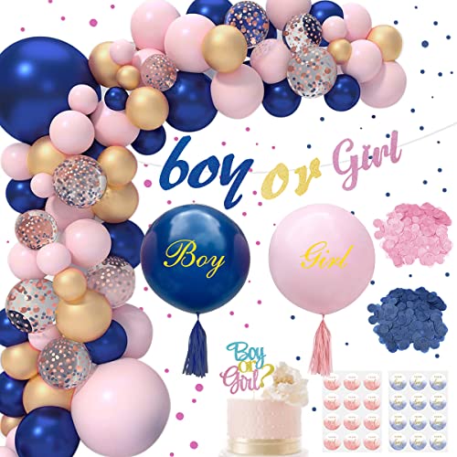 Gender Reveal Party Deko, Baby Party Dekoration Boy or Girl, Babyparty Deko Rosa und Marineblau, mit Team Boy Team Girl Aufkleber, Boy oder Girl Banner Tortenaufleger für Baby Shower Cover